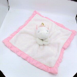 Carters Unicorn Plush Security Blanket Pink  White  Lovey Satin Trim 14x14 "